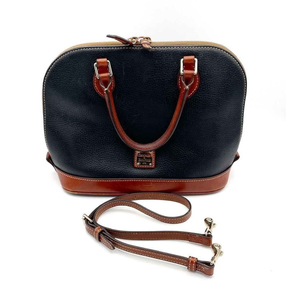 Dooney & Bourke Pebble Grain Zip Around Satchel Black & Cognac Brown Leather Bag - Picture 15 of 16